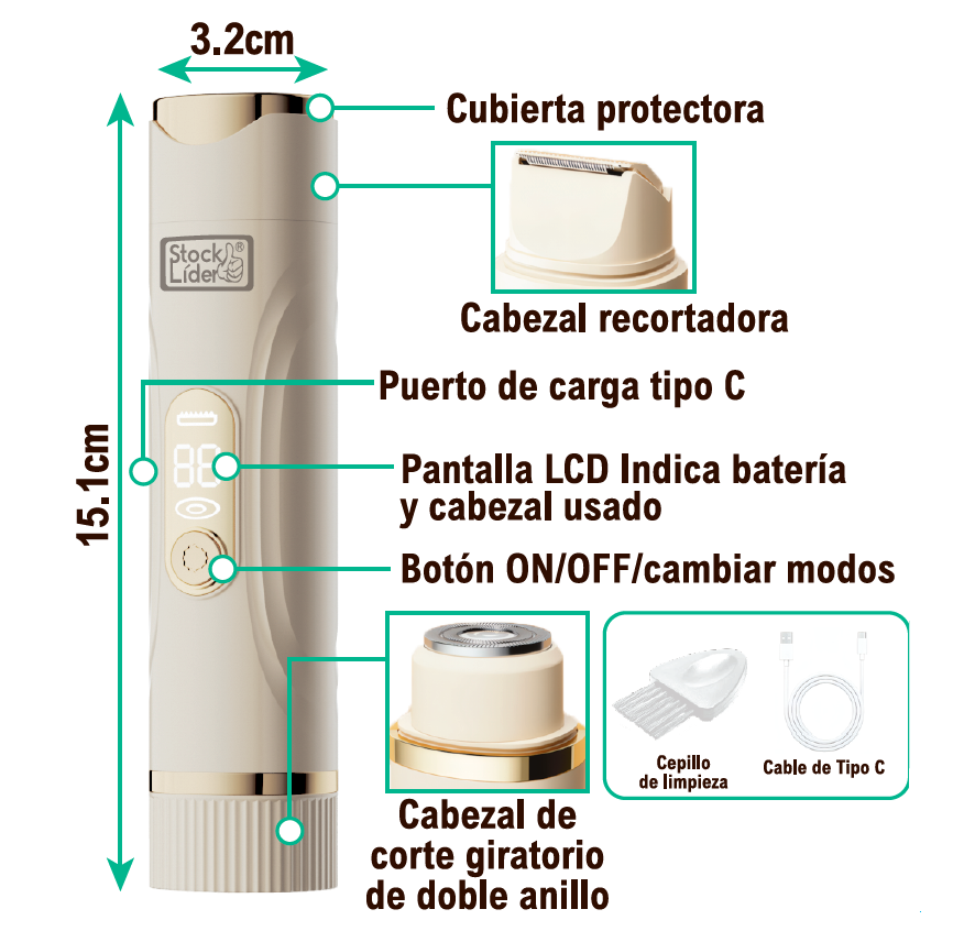 Depiladora Eléctrica de Doble Cabezal Recargable IPX7